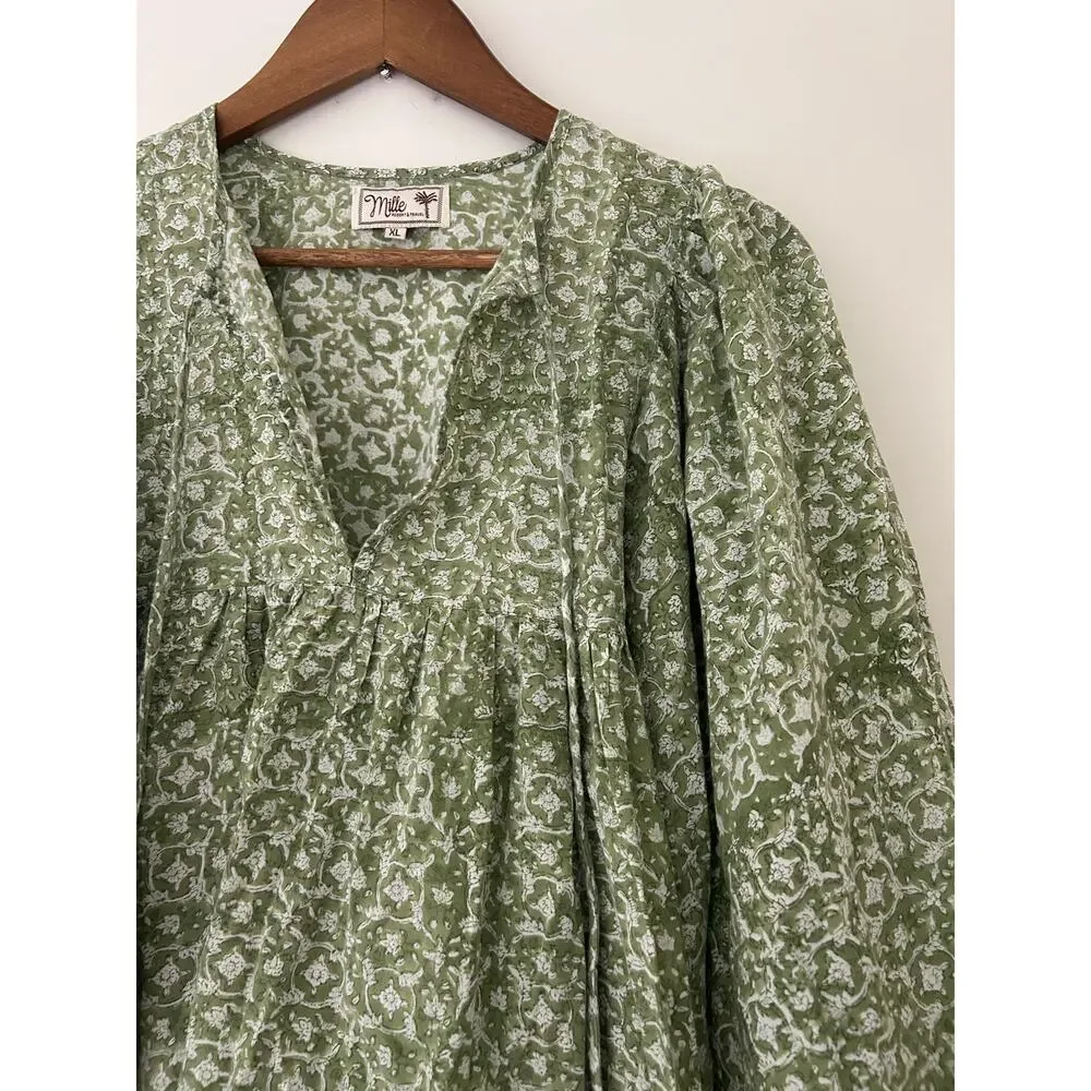Mille Charlie Peasant Blouse Green Tie Front Cotton Green Block Print India XL - Picture 2 of 10